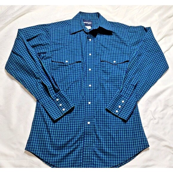 Wrangler Western Shirt Mens Size Small S PEARL SNAPS Blue Green checkered - Picture 1 of 8